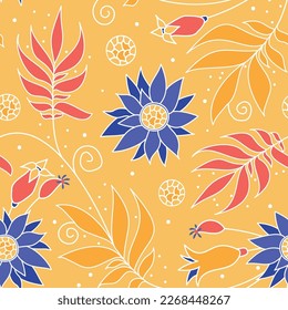 Seamless pattern with yellow, green leaves and blue flowers. Vector illustration for printing on paper or fabric. Interior design, wallpaper, packaging, scrapbooking. Pattern for gift wrapping. 