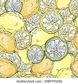 
Seamless pattern with yellow and green lemon fruits, slices and seeds on white backdrop