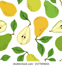 Seamless pattern with yellow and green pears and pear slices. Hand drawn pears pattern on white background. for fabric, drawing labels, print, wallpaper of children's room, fruit background