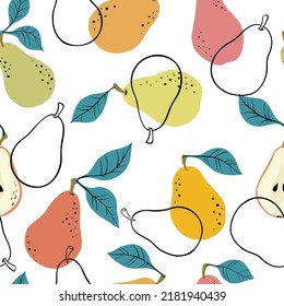 Seamless pattern with yellow and green pears and pear slices. Hand drawn pears pattern on white background. for fabric, drawing labels, print, wallpaper of children's room, fruit background