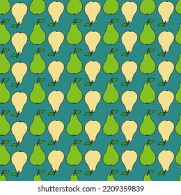 Patrón sin foco con peras amarillas y verdes sobre un fondo verde. Patrón de fruta. Doodles.
