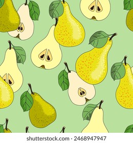 
Seamless pattern with yellow and green pears. Hand drawn pears for fabric, label drawing, print, children's room wallpaper, fruit background. Vector