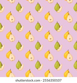 Seamless pattern with yellow and green pears on pink background. Fruit background. Wrapping paper, gift card, poster, banner design. Home decor, modern textile print. Summer bright geometric fruits pa