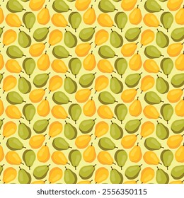 Seamless pattern with yellow and green pears on yellow background. Fruit background. Wrapping paper, gift card, poster, banner design. Home decor, modern textile print. Summer bright geometric fruits 