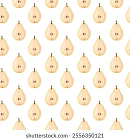 Seamless pattern with yellow and green pears on white background. Fruit background. Wrapping paper, gift card, poster, banner design. Home decor, modern textile print. Summer bright geometric fruits p