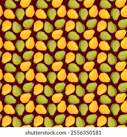Seamless pattern with yellow and green pears on brown background. Fruit background. Wrapping paper, gift card, poster, banner design. Home decor, modern textile print. Summer bright geometric fruits p