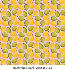 Seamless pattern with yellow and green pears on pink background. Fruit background. Wrapping paper, gift card, poster, banner design. Home decor, modern textile print. Summer bright geometric fruits pa