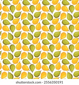 Seamless pattern with yellow and green pears on white background. Fruit background. Wrapping paper, gift card, poster, banner design. Home decor, modern textile print. Summer bright geometric fruits p
