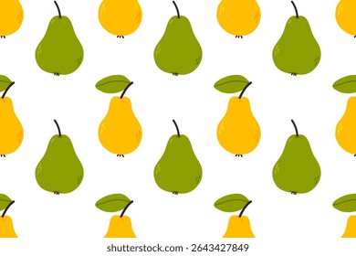 Seamless pattern of yellow and green pears. Great for eco-friendly packaging, kitchen prints, and fruit-themed products