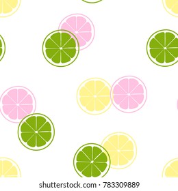 Seamless pattern of yellow, green, and pink lemon slice shape. Vector illustration.