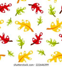 Seamless pattern of yellow, green and purple oak leaves - vector illustration