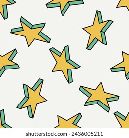 Seamless pattern with yellow green stars. Isometric concept. Symbols on white background. Vector illustration. Modern style.