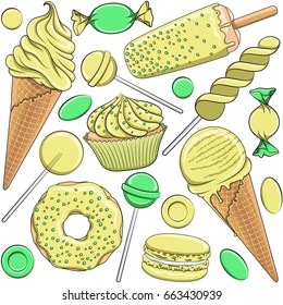 Seamless pattern with yellow and green sweets. Isolated vector objects on white background.