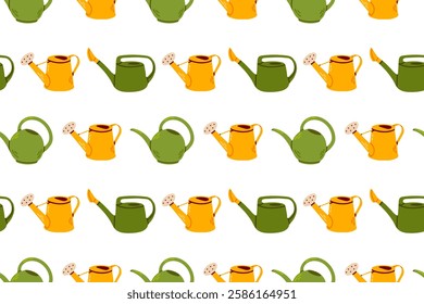 Seamless pattern of yellow and green watering cans. Hand-drawn vector background for gardening, textiles, and nature-themed designs.