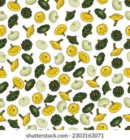 Seamless pattern with Yellow, green and white Patty Pan squash. Scallop or Scallopini squash. Summer squash. Fruits and vegetables. Cartoon style. Vector illustration isolated on white background.