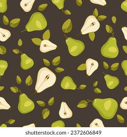 Seamless pattern of yellow green whole pear, pear halves and leaves on a dark brown background. Colorful fruit background for kitchen, wallpaper, textiles, menus, cards, posters, prints, packaging.