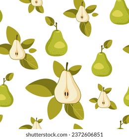 Seamless pattern of yellow green whole pear, pear halves and leaves on a white background. Colorful background texture for kitchen, wallpaper, textiles, menus, cards, posters, prints, packaging.