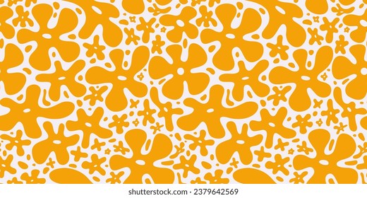 Seamless pattern with yellow groovy flowers, liquid shapes, cartoon style. Funky Blossom art, Y2K Textures, hippie retro style. Trendy modern vector illustration background, hand drawn, flat