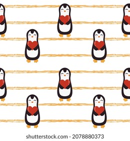 Seamless pattern with yellow grunge stripes and penguins. Valentines day background. Vector background design for fabric and decor.