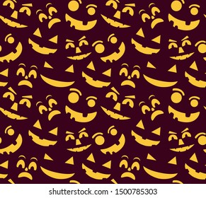 Seamless pattern with yellow halloween pumpkin carved faces.Ornament for fabric, paper, festive background for the site.Vector flat style.