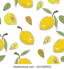 Seamless Pattern with Yellow Hand Drawn Lemons. Scandinavian Style. Vector Illustration