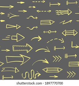Seamless pattern with yellow hand drawn arrows on gray background. Vector illustration.