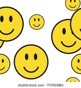 Seamless pattern of yellow happy faces on a white background.