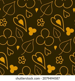 Patrón sin foco hoja de flor de corazón amarillo sobre fondo marrón papel de pared envolvente diseño textil ilustración vectorial