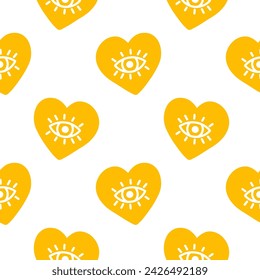Seamless pattern with yellow hearts and eyes