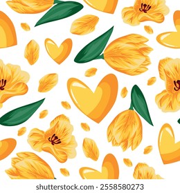 seamless pattern with yellow hearts and flowers, namely yellow tulips of different sizes and yellow petals, for the holiday of St. Valentine