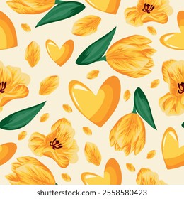 seamless pattern with yellow hearts and flowers, namely yellow tulips of different sizes and yellow petals on a yellow background, for the holiday of St. Valentine