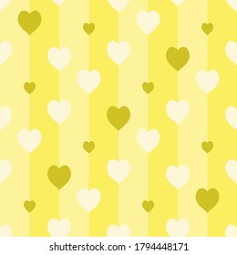 Seamless pattern with yellow hearts on striped yellow background. Vector image. 