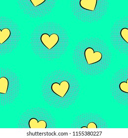 Seamless pattern with yellow hearts in pop art style. Abstract seamless love pattern for girls, fashion textile, clothes, baby. Valentines day. Funny colorful hearts repeat backdrop. Cute girlish roma
