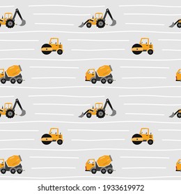 Seamless pattern with yellow heavy construction machines