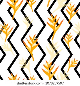 Seamless pattern yellow heliconia tropical flower on zig zag black and white background.printing wallpaper.vector illustration