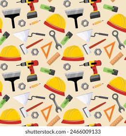 Seamless pattern of yellow helmets, tools, and construction equipment on yellow background