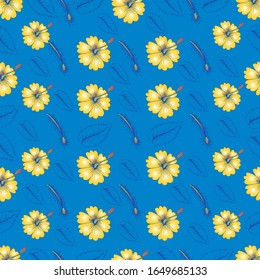 Seamless pattern with yellow hibiscus.   Hand drawn hibiscus.