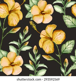 Seamless pattern with yellow hibiscus on a black background. Watercolor. Vector illustration