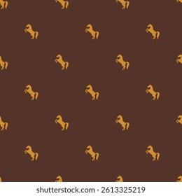 Seamless pattern with yellow horses on dark brown background, silhouette flat style vector illustration. Suitable for western-themed prints and kids decor.
