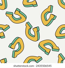 Seamless pattern with yellow horseshoes. Isometric icon. Symbol of Saint Patrick day. Vector illustration. Modern style.