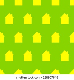 Seamless pattern with yellow houses on bright green background. For holiday decoration, textile, wrapping paper, wallpaper, gift boxes, other packing elements