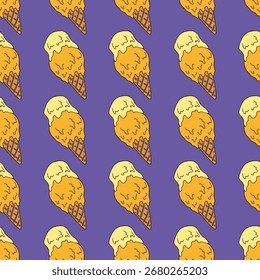 Patrón sin fisuras con helado amarillo sobre fondo violeta. Imagen de Vector.