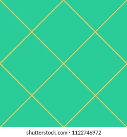 Seamless pattern with yellow intersecting stripes, cell, grid on green background. Traditional tile design. Vector illustration