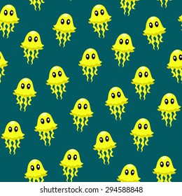 Seamless pattern of yellow jellyfish on blue background.