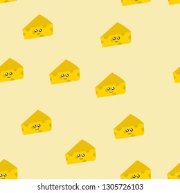 Seamless pattern with yellow Kawaii cheese. Vector.