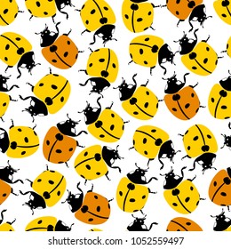 Seamless pattern with yellow ladybugs on white background, vector illustration