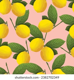 Seamless pattern of yellow lamon, green leaves on pink pastel background, Vintage fruit background, Pattern for design wallpaper, gift wrap paper and fashion prints.