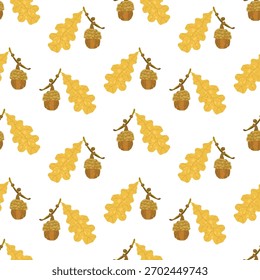 Seamless pattern of yellow leaves and acorns on a  white background. Good for for textiles, packaging, backgrounds.