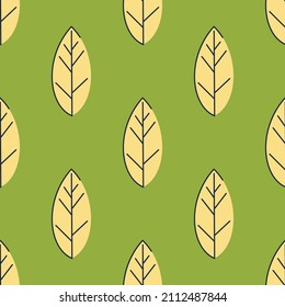 Seamless pattern of yellow leaves on a solid background. Strict flat design. Geometric location. Printing on fabric, wrapping paper. Vector illustration