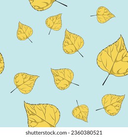 Seamless pattern with yellow leaves on blue background. Vector illustration.